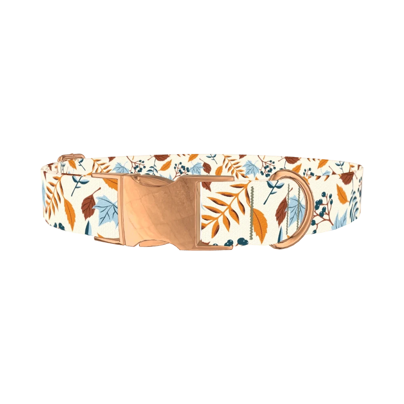 Autumn Berry Leaves Dog Collar - metal rose gold