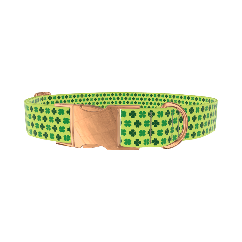 Lime Clover Pattern Dog Collar - metal silver