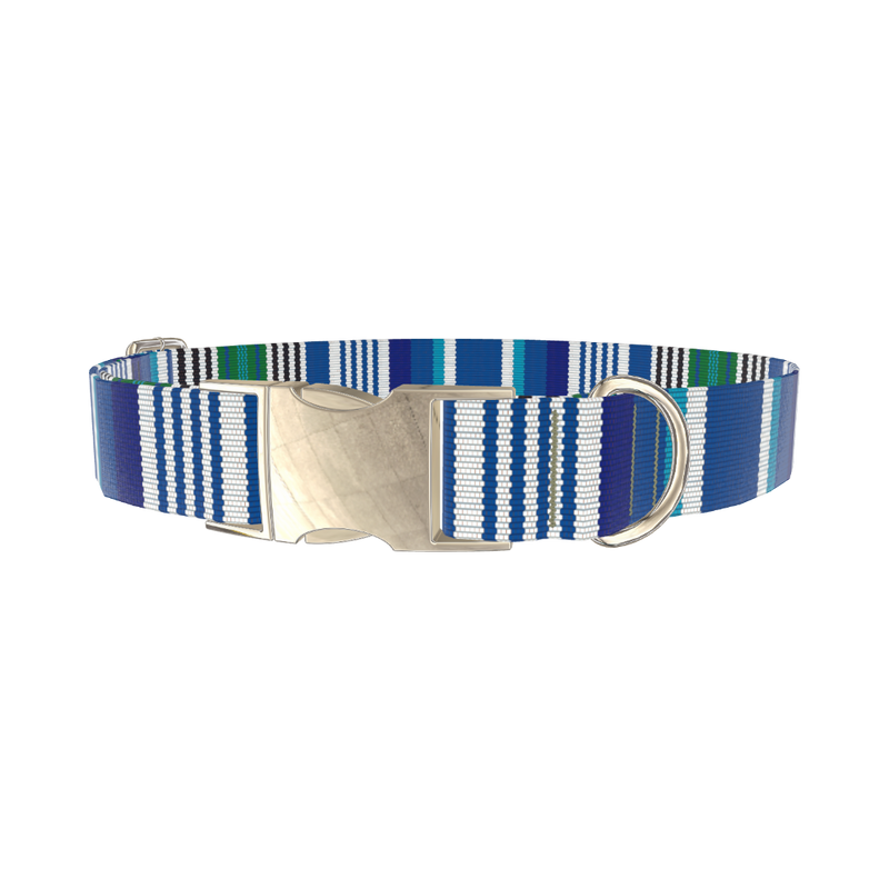Blue Woven Stripe Dog Collar - metal gold