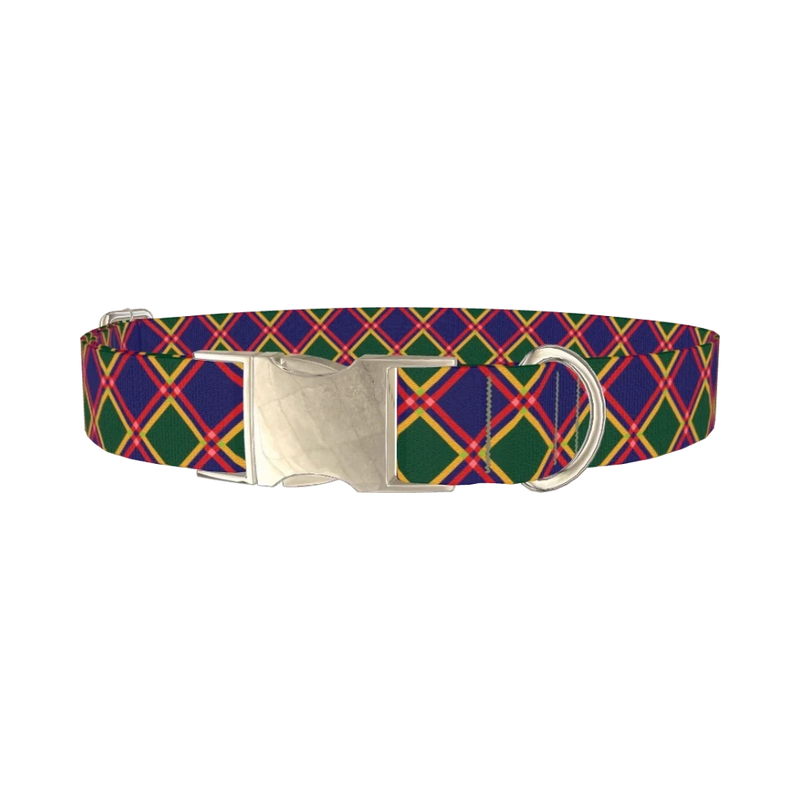 Festive Blue Plaid Dog Collar - metal silver
