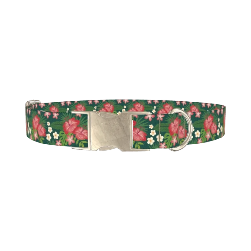 Tropical Floral Dog Collar - metal silver