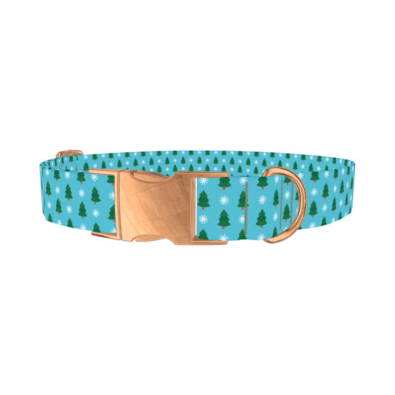 Blue Christmas Trees Dog Collar - metal rose gold