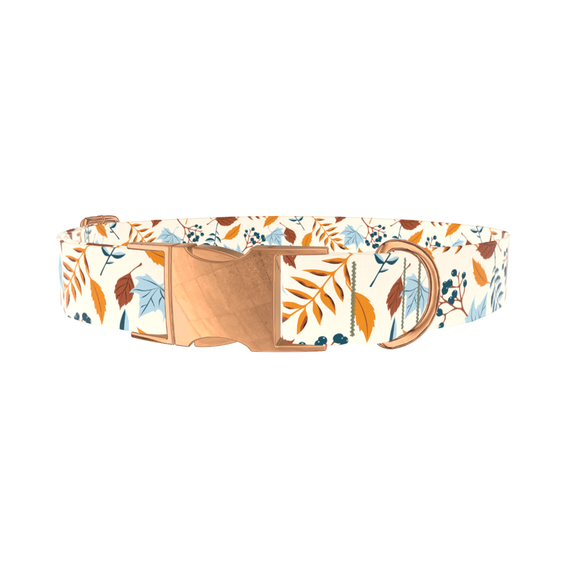 Autumn Berry Leaves Dog Collar - metal rose gold