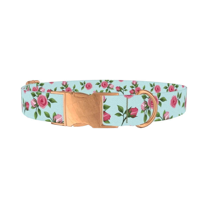 Pink Rose Blossom Dog Collar - metal rose gold