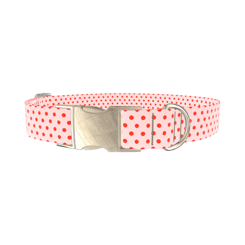 Red Polka Dot Dog Collar - metal silver