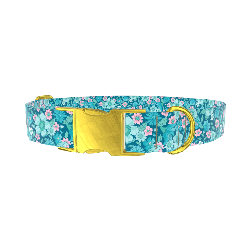 Floral Blue Dog Collar - metal rose gold