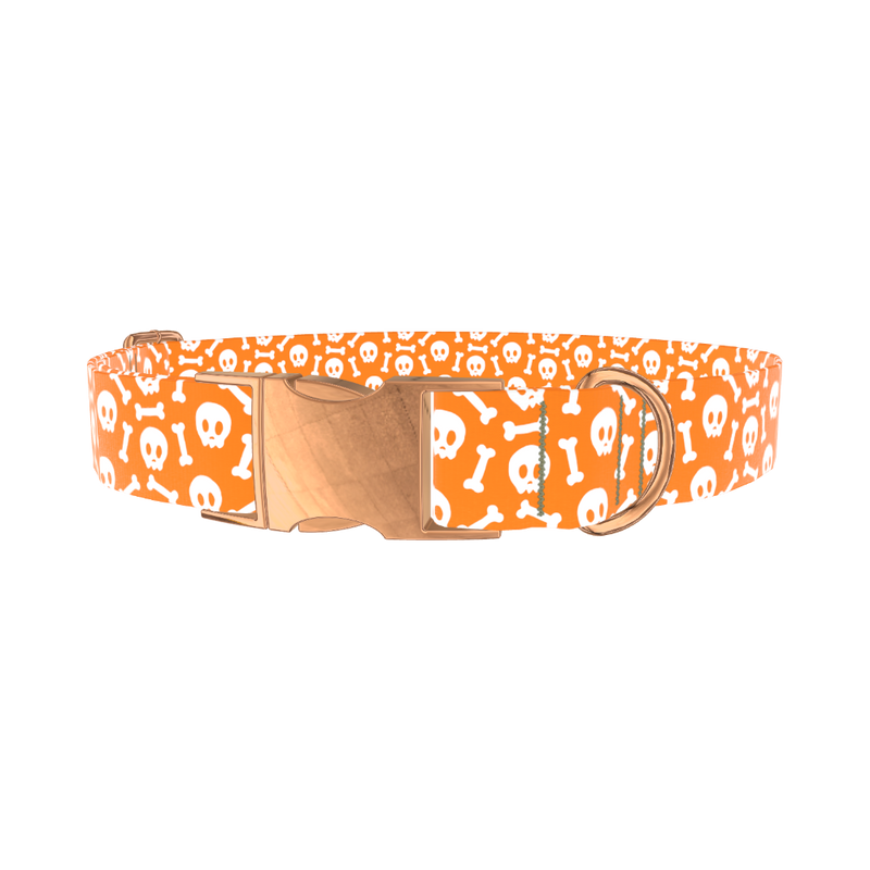 Orange Skull and Bones Dog Collar - metal rose gold