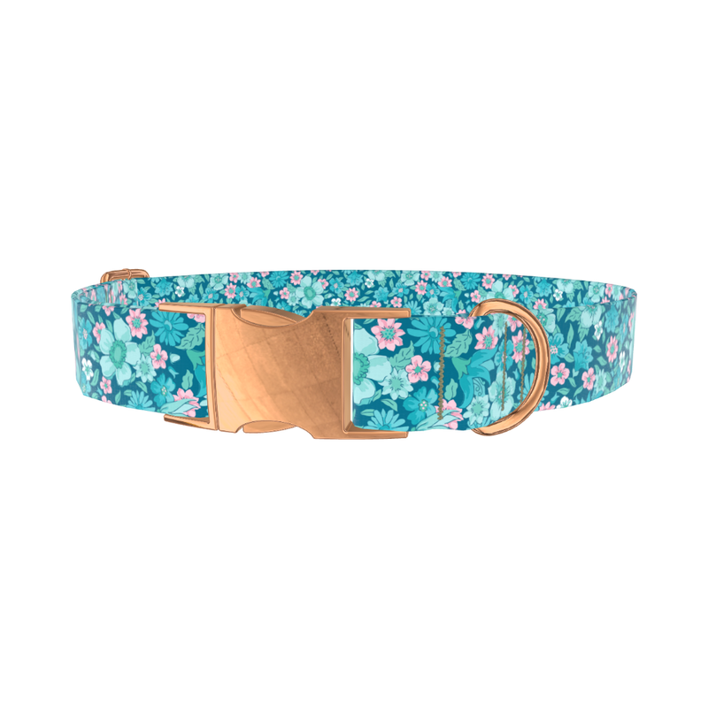 Floral Blue Dog Collar - metal silver