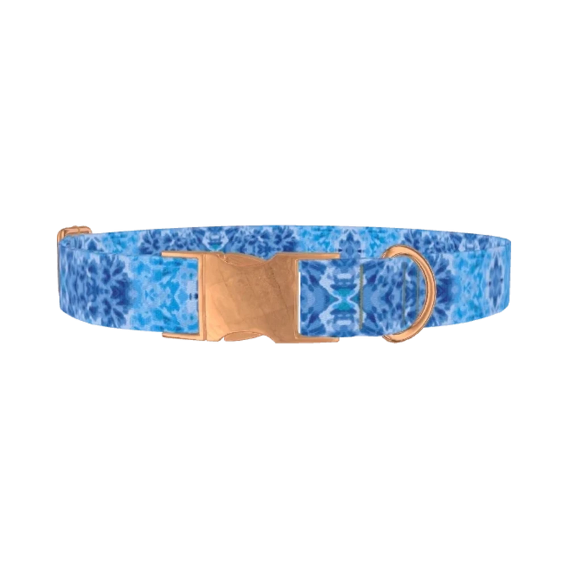 Blue Tie-Dye Swirl Dog Collar - metal rose gold