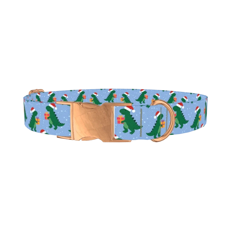 Christmas Dinosaur Dog Collar - metal rose gold