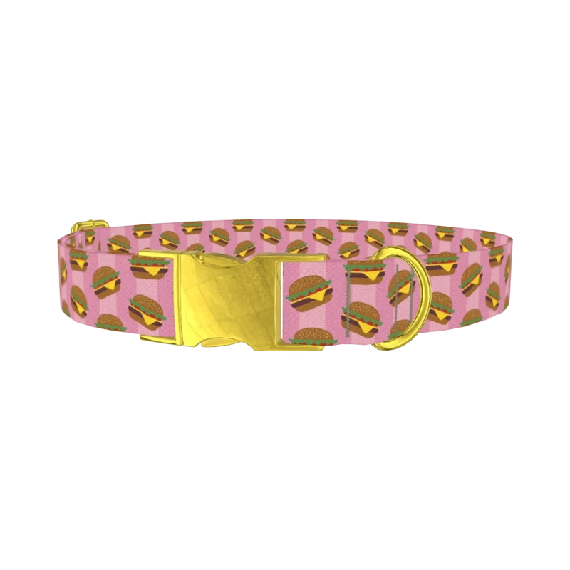 Burger Print Dog Collar - metal gold