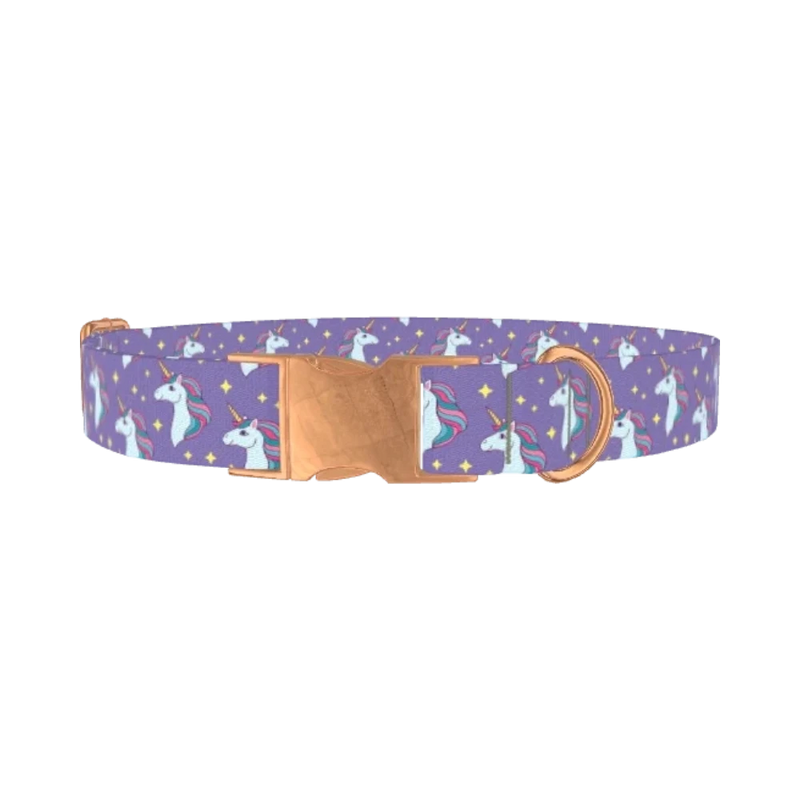 Purple Unicorn Magic Dog Collar - metal rose gold