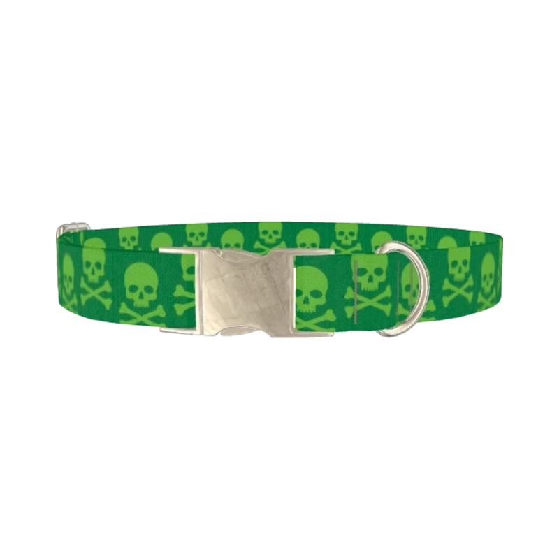 Green Skull Pattern Dog Collar - metal silver