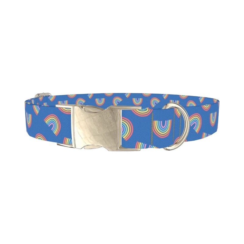 Blue Geometric Rainbow Dog Collar - metal silver