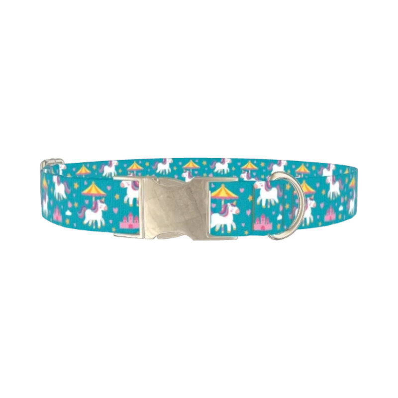 Unicorn Carousel Dog Collar - metal silver