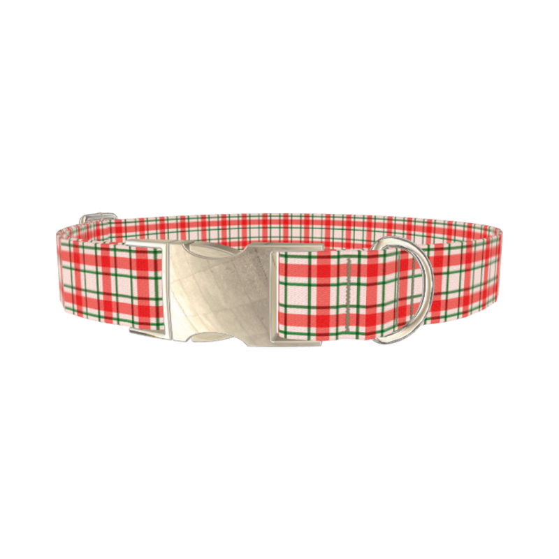 Red Green Checkered Dog Collar - metal silver