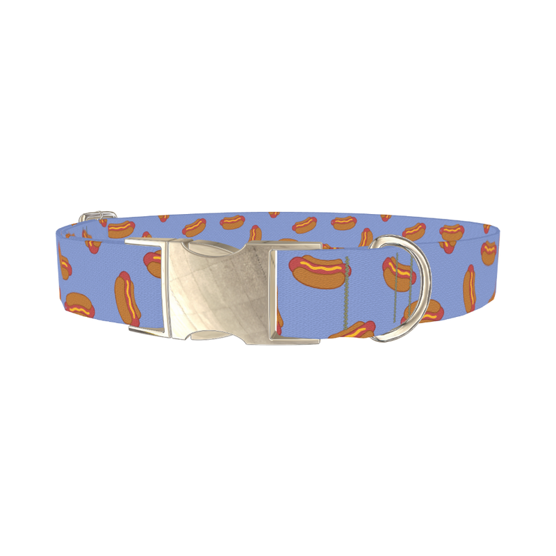 Blue Hotdog Print Dog Collar - metal silver