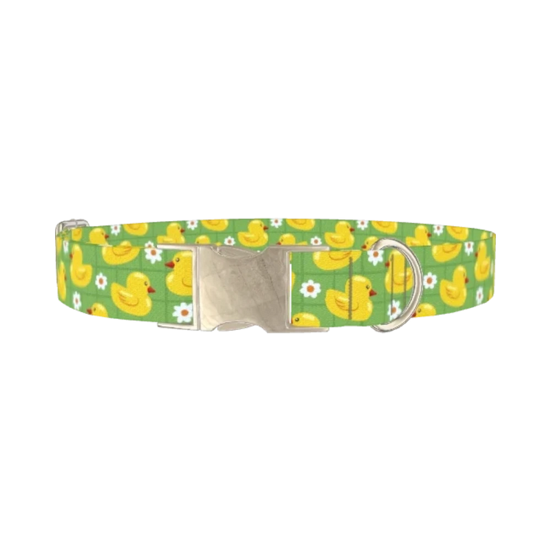 Yellow Duck Pattern Dog Collar - metal silver