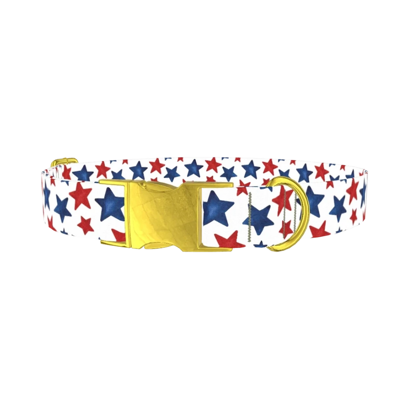 Red Blue Star Pattern Dog Collar - metal gold