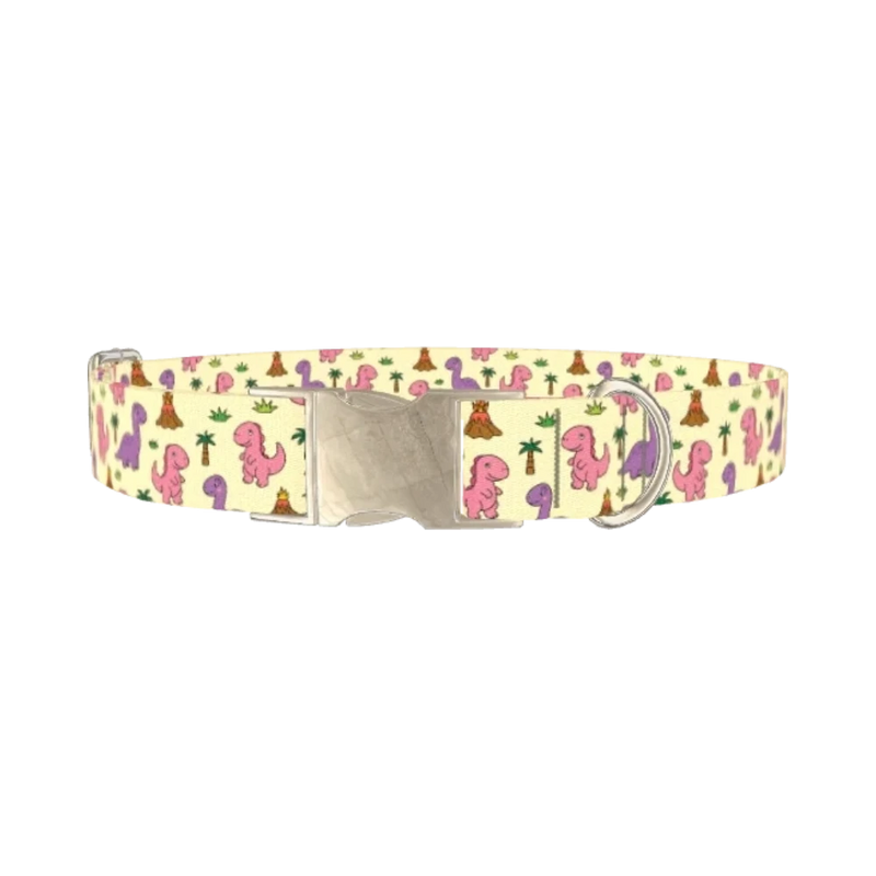 Cartoon Dino Volcano Dog Collar - metal silver
