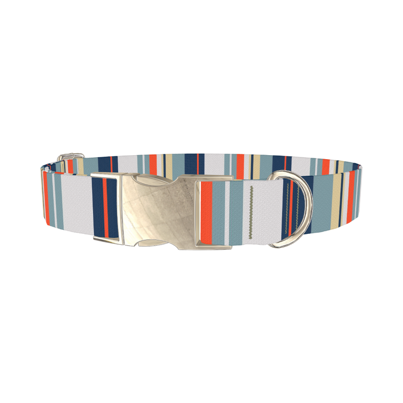 Beige Blue Stripe Dog Collar - metal silver