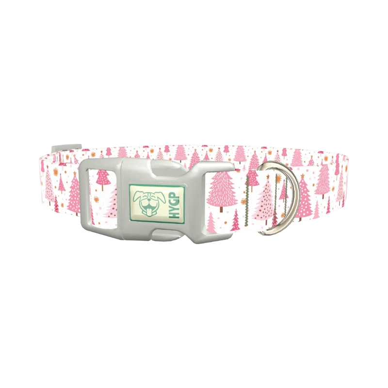 Pink Festive Trees Dog Collar - plastic silver