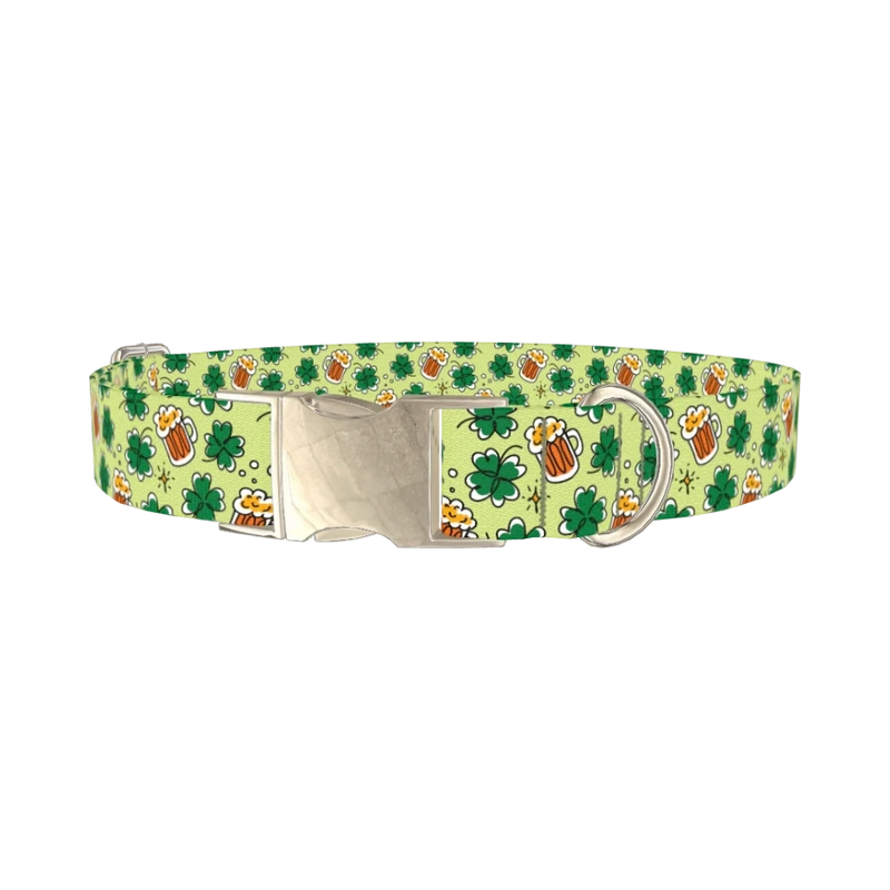 St. Patrick's Day Beer Clover Dog Collar - metal silver