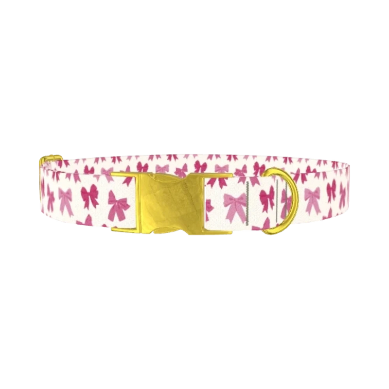 Pink Ribbon Bow Dog Collar - metal gold