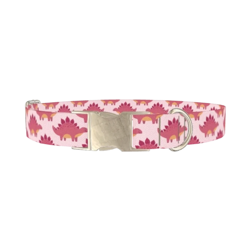 Pink Dinosaur Dog Collar - metal silver