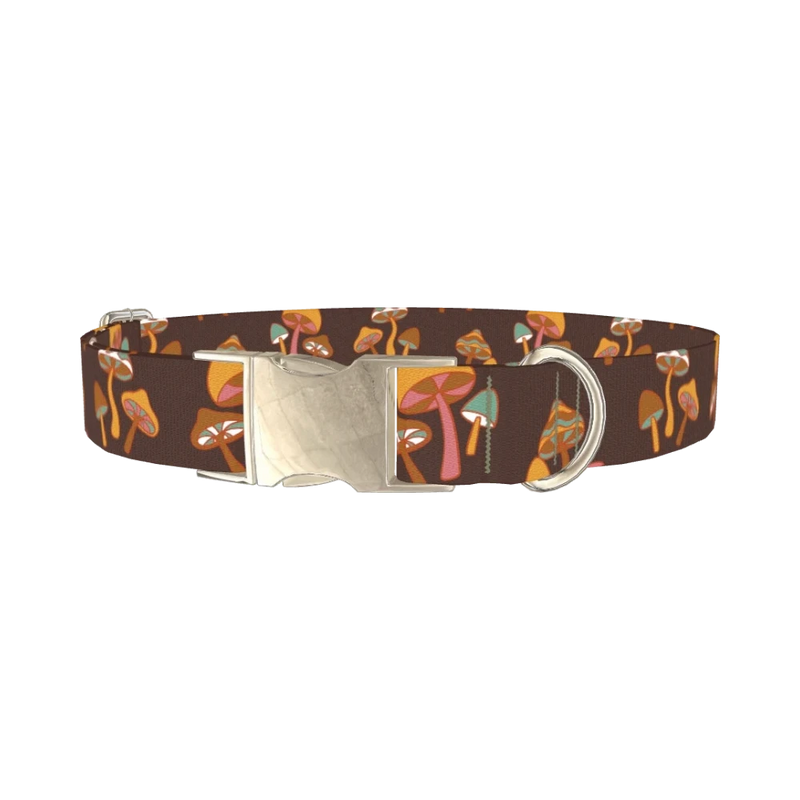 Brown Geometric Mushroom Dog Collar - metal silver