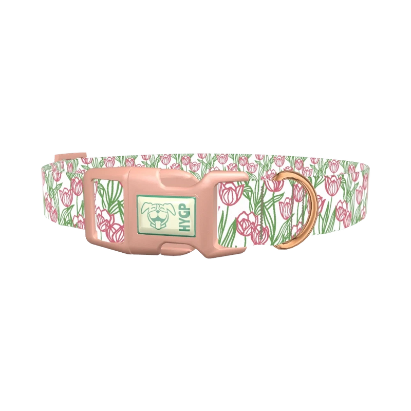 Pink Tulip Sketch Dog Collar - plastic rose gold