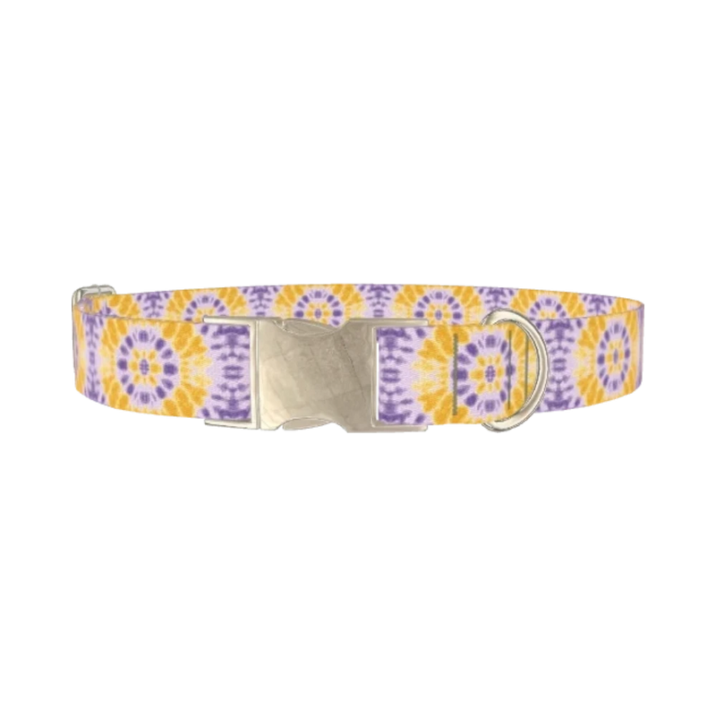Yellow Purple Tie-Dye Dog Collar - metal silver