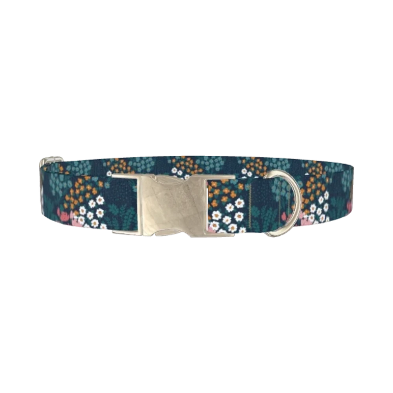Navy Floral Garden Dog Collar - metal silver