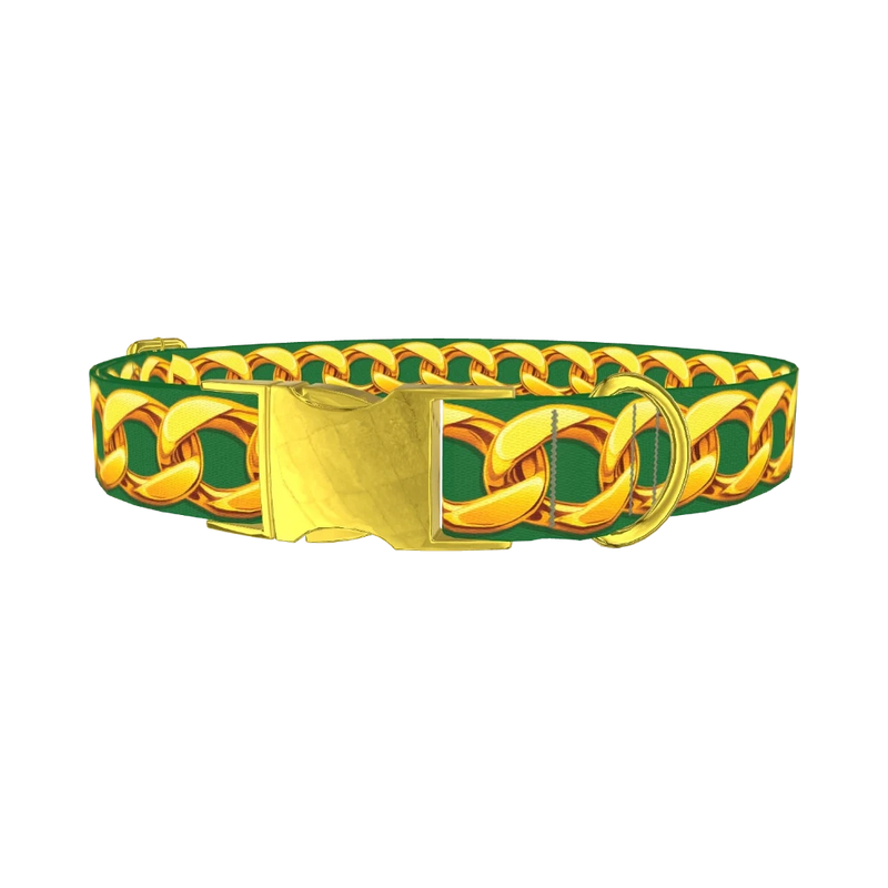 Gold Chain Green Background Dog Collar - metal gold