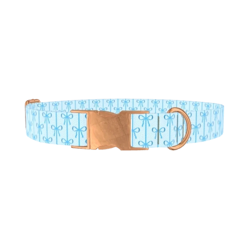 Blue Ribbon Bow Dog Collar - metal rose gold