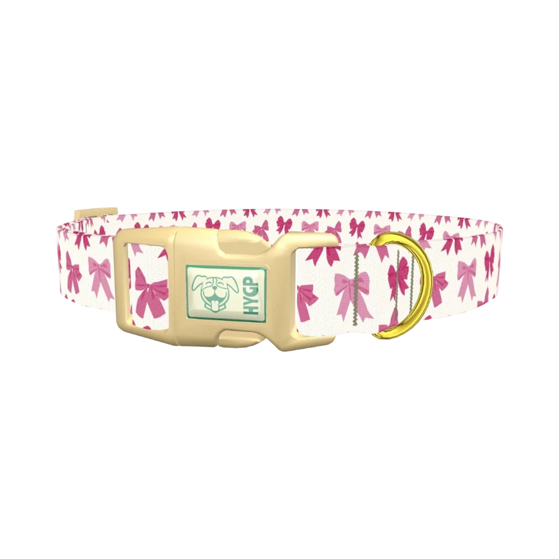 Pink Ribbon Bow Dog Collar - plastic gold