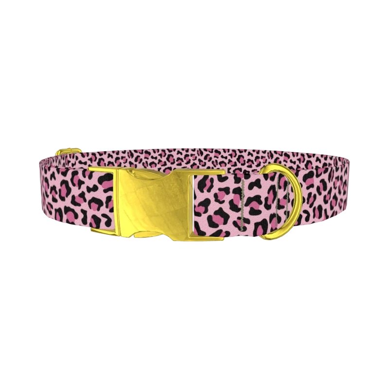 Pink Leopard Pattern Dog Collar - metal gold