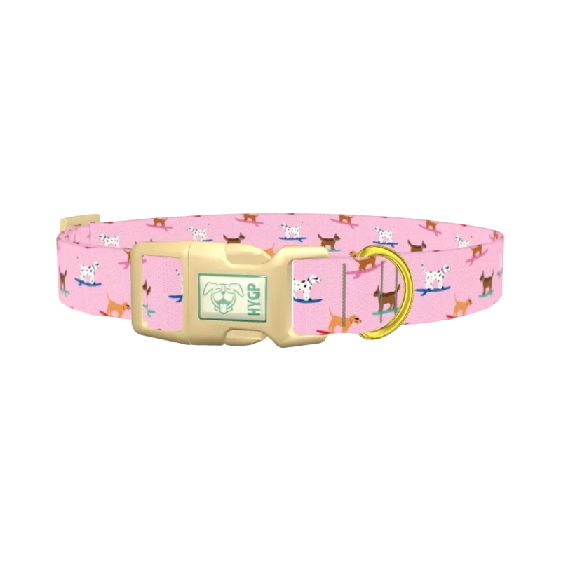 Surfing Dogs Pink Dog Collar - plastic gold