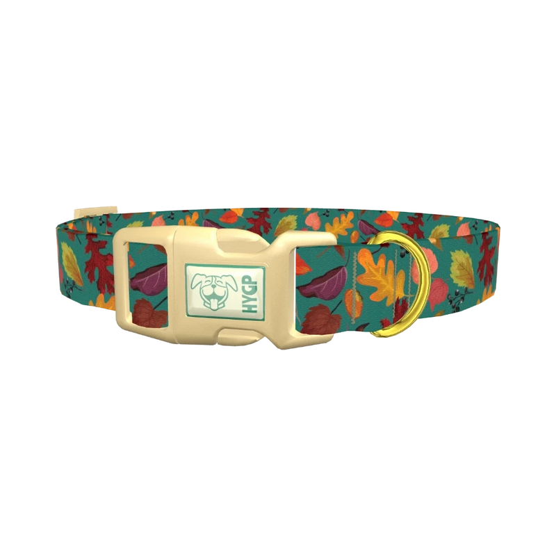 Teal Autumn Foliage Dog Collar - plastic gold