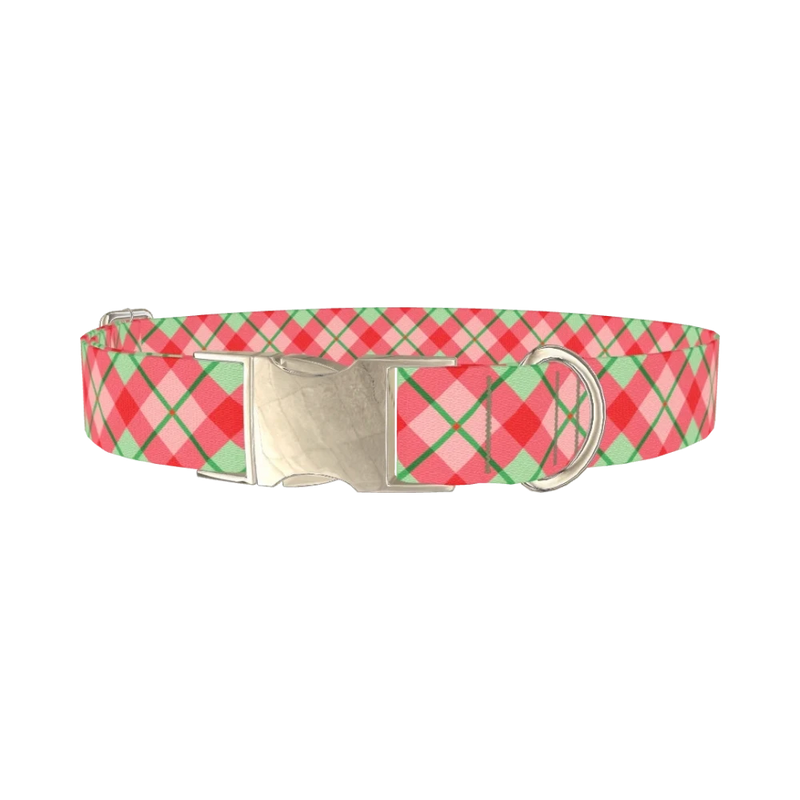 Festive Pink Plaid Dog Collar - metal silver