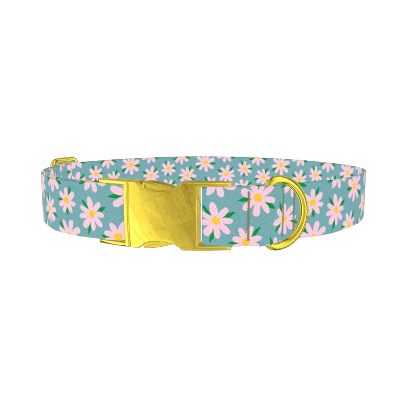 Floral Pink Camomile Dog Collar - metal gold