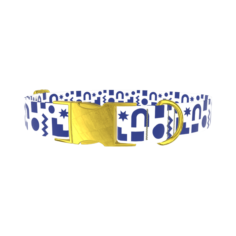 Navy Geometric Shapes Dog Collar - metal gold