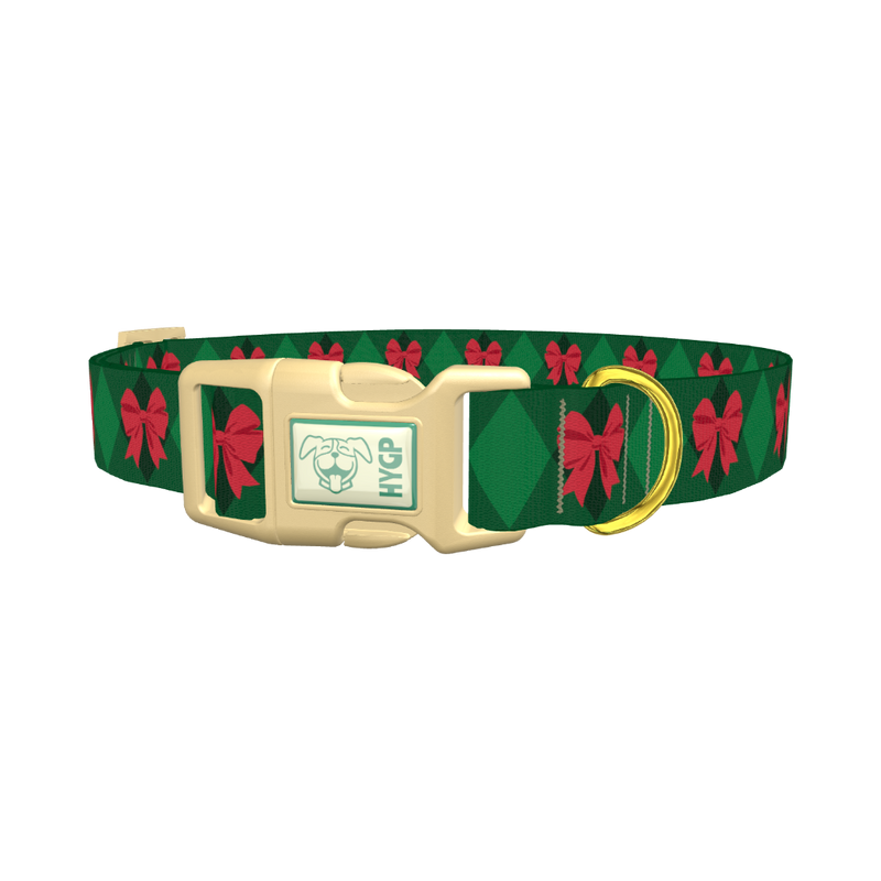 Red Bow Plaid Dog Collar - plastic gold