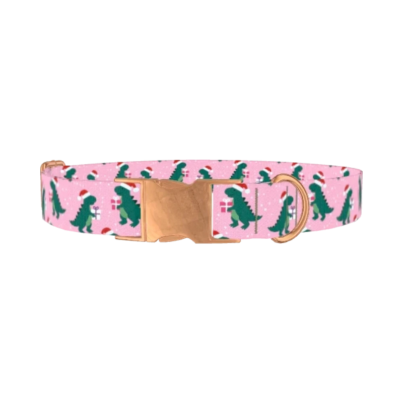 Christmas Dino Dog Collar - metal rose gold