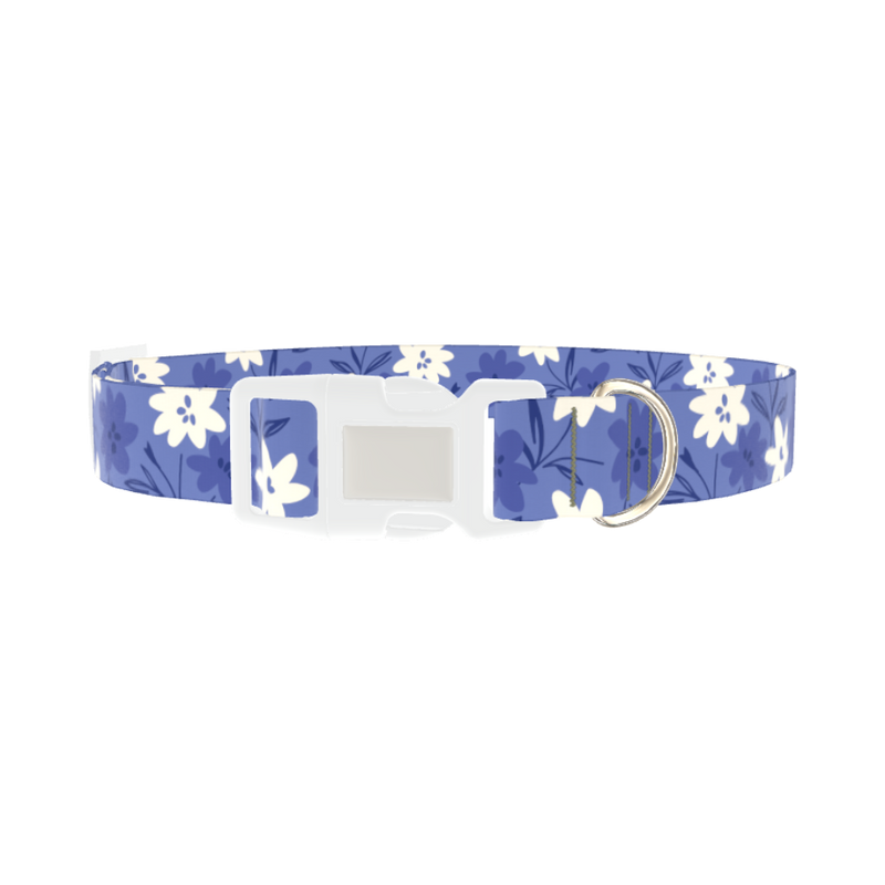 Blue Floral Pattern Dog Collar - plastic silver