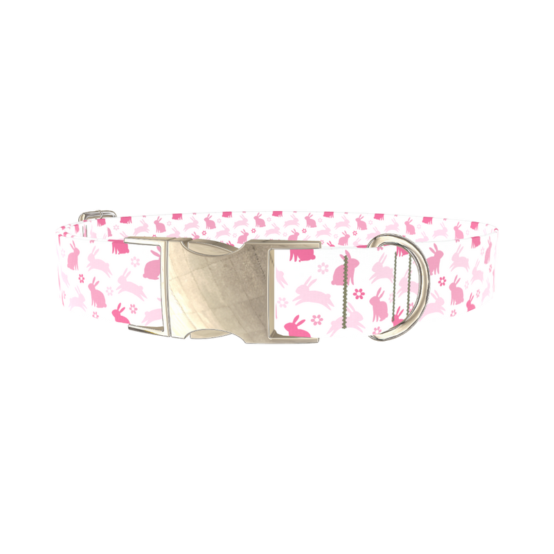 Pink Bunny Floral Dog Collar - metal silver