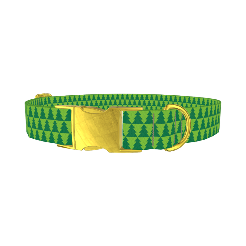 Green Christmas Tree Pattern Dog Collar - metal gold