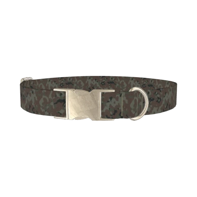 Brown Green Camo Dog Collar - metal silver