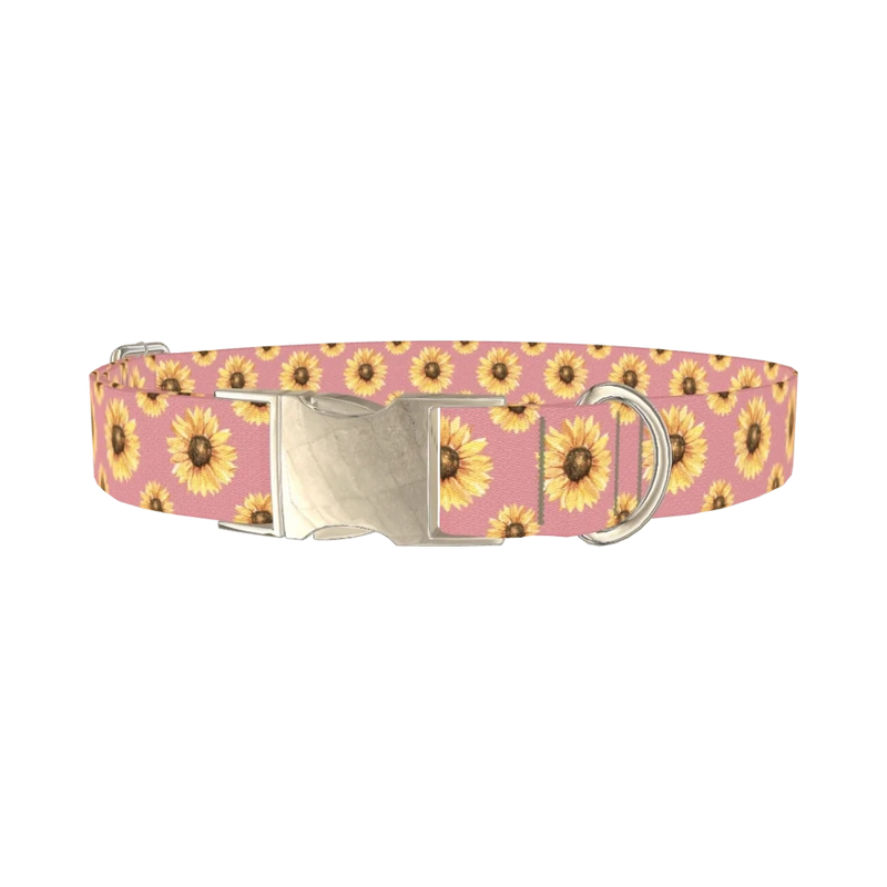 Pink Sunflower Dog Collar - metal silver