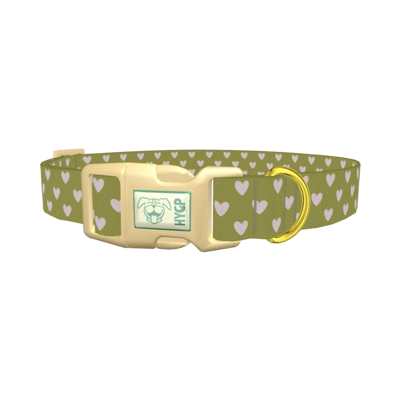 Moss Green Heart Dog Collar - plastic gold